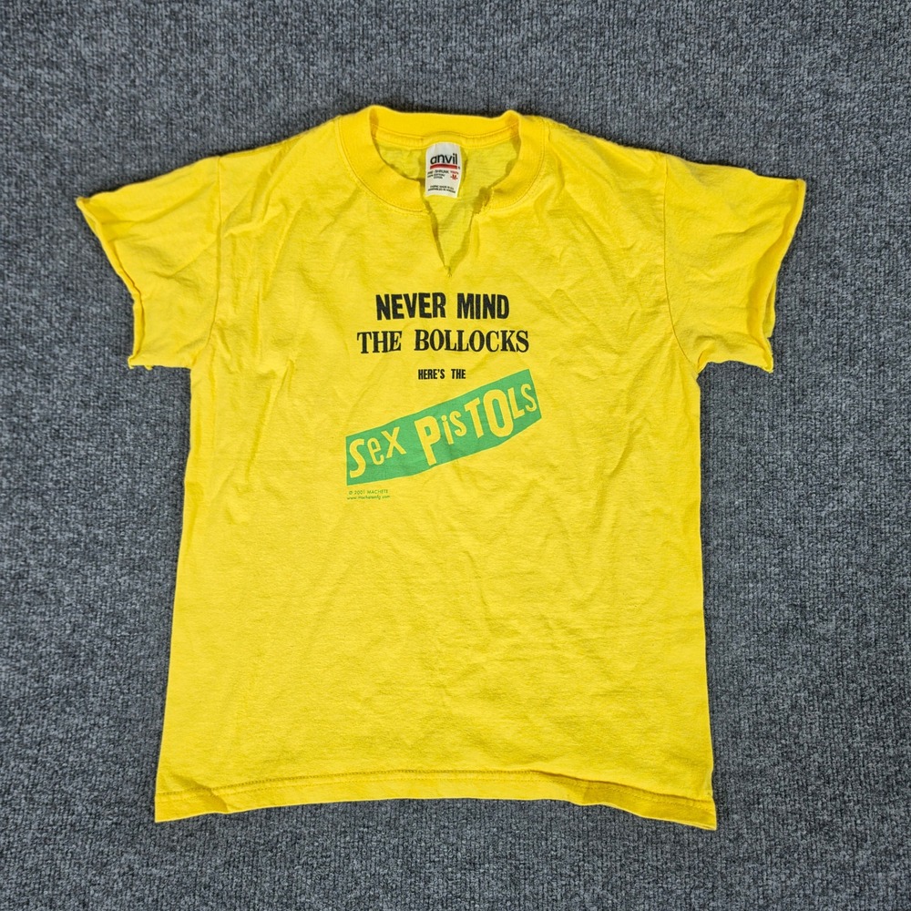 2001 Sex Pistols Youth M Yellow T-Shirt Never Mind The Bollocks Anvil USA Flaw